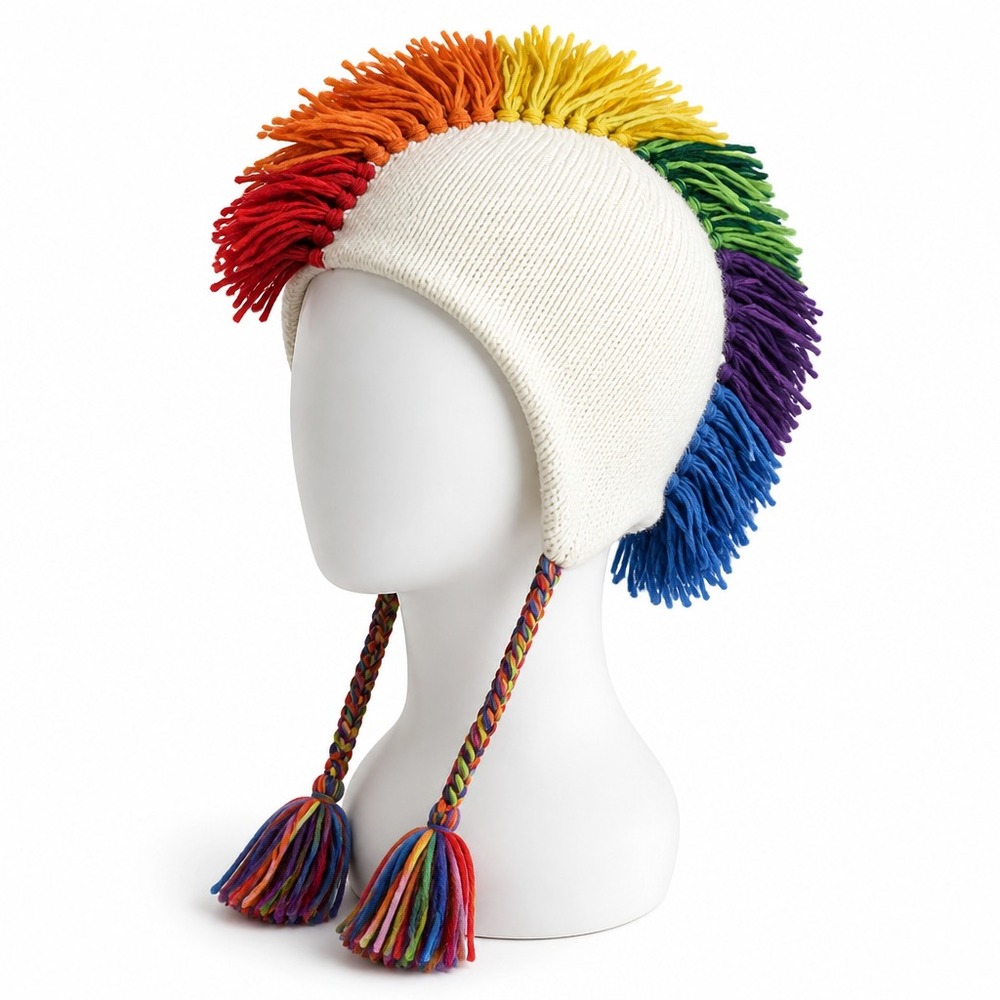 Kids Rainbow Mohawk Fleece Lined Knit Beanie Earflap Hat Cream OS